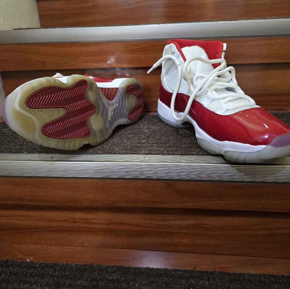 Mens Red and White Jordan 11 Sneakers